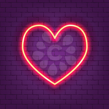 Glowing neon heart vector illustration on violet brick wall