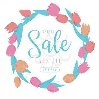 Spring sale design with flowers, vector tulips