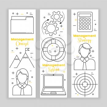 Management set, line art icons, vector business concept