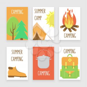 Camping poster, illustration with campfire, tent and backpack