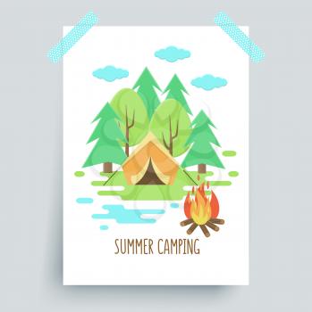 Camping fire poster, vector colorful background with tent