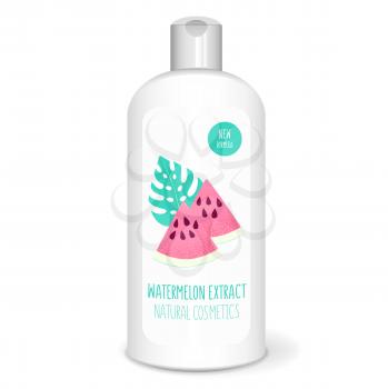 Shampoo bottle with watermelon, white mockup, 3D design concept