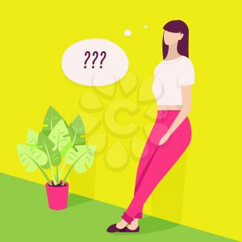 Young woman thinking with question marks in bubble. Flat illustration with flower pot.