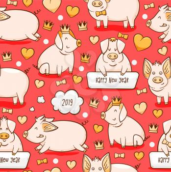 Pig, Chinese New Year symbol of 2019, vector seamless pattern