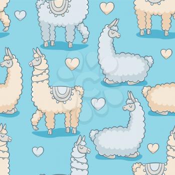 Llama, vector seamless pattern, cute design with hearts