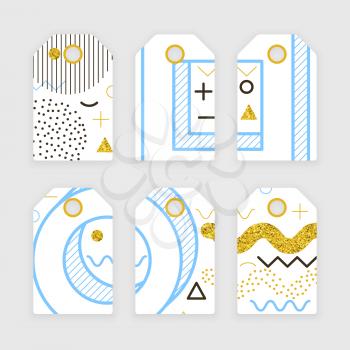 Memphis label design, abstract clothes tags set with golden glitter
