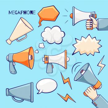 Megaphone set, cute vector design with hands holding loud speaker and message bubbles