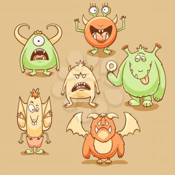 Monsters cartoon set, vector illustration with different emotions