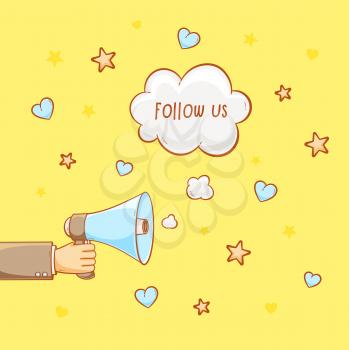 Advertising for followers, follow us sign with megaphone