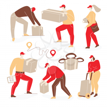 Delivery illustration with people. Man and women deliver parcels, drone delivery concept.