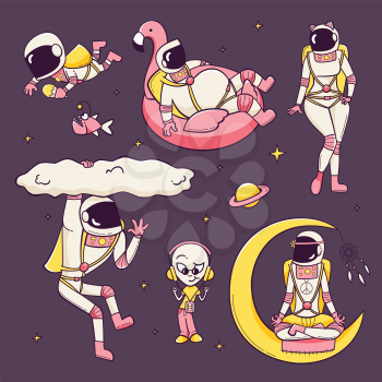 Astronaut set. Alien, hippie meditating on Moon,  woman, lazy astronaut floating in flamingo shaped inflated ring. Stars and planets, character design.
