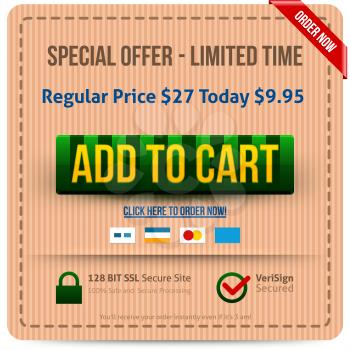 Green Add To Cart button with yellow text. Vector illustration.