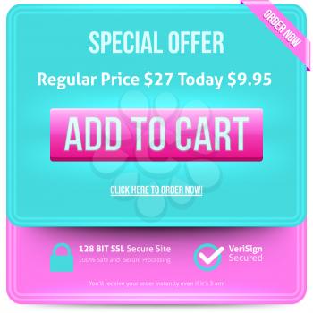 Pink Add To Cart button with blue text. Vector illustration.