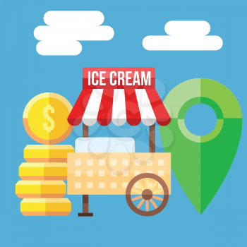 Retro vector illustration of Ice Cream Cart, coins and map point.