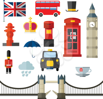 London vintage retro icons. Flag umbrella rain cloud tea crown tower bridge cab taxi phone box telephone hidrant bus hat royal mail big ben soldier flag. 