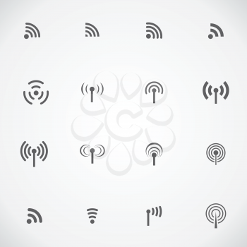 Set of sixteen different black vector wireless and wifi icons for remote access and communication via radio waves
