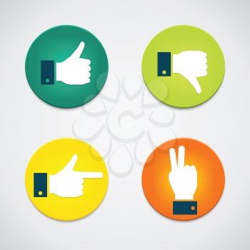 Thumbs up icons set. Flat style social network vector icon for app and web site. Like, dislike, pointer, peace icons