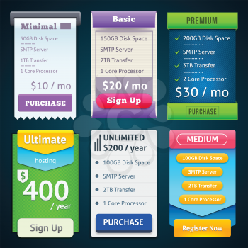 Pricing Table Template. Three Plan Type Starter, Plus and Business Pro. Three offers on grey background