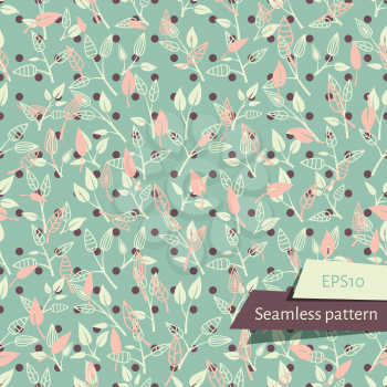 Light Retro Leaves On Branches Seamless Pattern. Two layers of leaves.