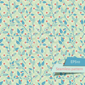 Light Retro Leaves On Branches Seamless Pattern With Small Pink Circles