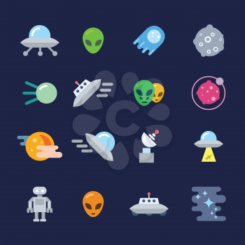 Alien Icons Set. Unidentified Flying Object, Alien, Planet, Robot, Black Hole, Sputnik