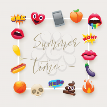 Set of Fantastic Summer Time Smiley Emoticons, Emoji Design Set. Bright Icons of Lips. Fire, Hello Expression, Cellphone, Eggplant, Peach, Hot Dog, Chicken Leg, Skulls. Stickers and Patches