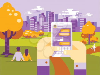 Human Hands Hold Smart Phone with Messenger App. People Using Gadgets Walking Outdoors in the Park in Big City. Flat Illustration of Young People Texting via Messenger on the Big City Skyline
