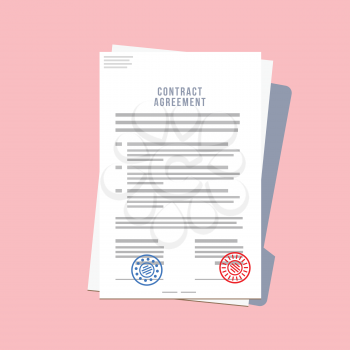 Contract Agreement Paper Blank with Two Seals. Vector Illustration in Flat Style on Pink Background