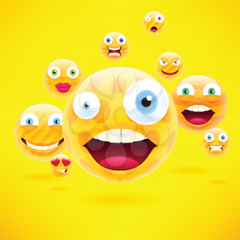 Concept for Community People Teamwork or Interaction. Yellow Background with Group of Abstract Smiley Emoticons, Emoji. Vector Illustration.