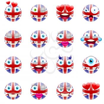 United Kingdom Flag Emojis. Patriotic Emoji Set. Union Jack Flag Emoticons. Smile icon. Isolated Vector Illustration on White Background