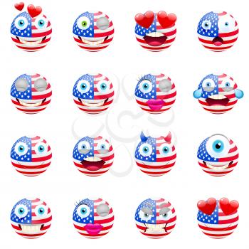 United States Flag Emojis. Patriotic Emoji Set. United States of America Flag Emoticons. Smile icon. Isolated Vector Illustration on White Background
