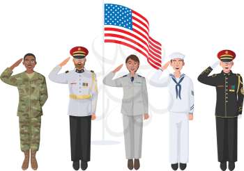 Five American Soldiers in Uniform. May be used for Memorial Day, Veterans Day, Independence Day Events. Material for Poster, Banner, Website.