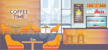 Modern Cafe Interior Empty with No People Inside. Brand New Restaurant with Big Window and Comfortable Chairs. Aesthetic Vector Illustration