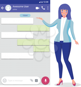 Mockup Presentation of Mobile Messenger by Stylish Girl. Application Design Inspired by WhatsApp or Similar Apps. Material Design Concept