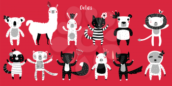 Llama, Lion, Tiger, Wolf, Panda, Cat, Bunny, Pig, Fox, Sloth, Koala, Raccoon Staying Together with Flowers. Animals in Cute Trendy Modern Cartoon Childish Style. Perfect for Print, Web, App etc