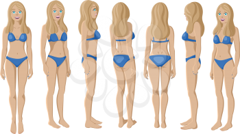 Vector Illustration of Smiling Women in Bikini on a White Background. Cartoon Realistic Girls Set. Flat Young Lady. Front View Woman. Side View Woman. Back Side View Woman. Seven Positions