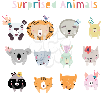 Llama, Lion, Tiger, Wolf, Panda, Cat, Bunny, Pig, and Fox Surprised Animal Characters. Animals in Cute Trendy Modern Cartoon Childish Style. Perfect for Print, Web, App or Any Design
