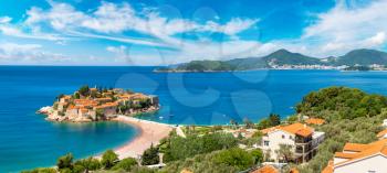 Panorama of Sveti Stefan island in Budva in a beautiful summer day, Montenegro