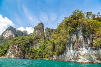 Beautiful nature at Cheow Lan lake, Ratchaprapha Dam, Khao Sok National Park in Thailand in a summer day