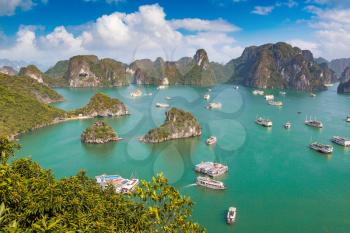 Panoramic aerial view of Halong bay, Vietnam in a summer day