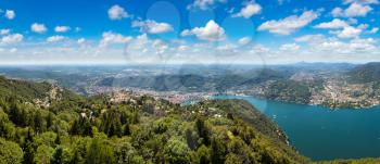 Panoramic aerial view of lake Como in Italy in a beautiful summer day