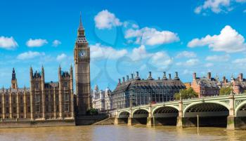 The Big Ben, the Houses of Parliament and Westminster bridge in London in a beautiful summer day, England, United Kingdom