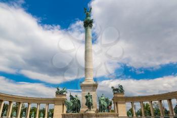 Millennium Monument in Heroes Square in Budapest in Hungary in a beautiful summer day