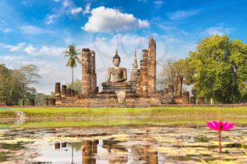 Wat Mahathat Temple in Sukhothai historical park, Thailand in a summer day