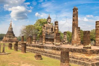 Wat Mahathat Temple in Sukhothai historical park, Thailand in a summer day