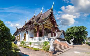 Panorama of Wat Chang Taem - Buddhists temple in Chiang Mai, Thailand in a summer day