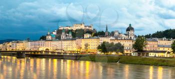 Panoramic aerial view of Salzburg Cathedral, Austria in a beautiful night