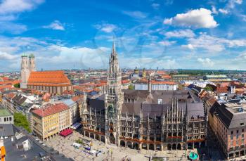 Aerial view on Marienplatz town hall and Frauenkirche in Munich, Germany in a beautiful summer day