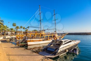 Tourist harbor, Mediterranean resort in Side in a beautiful summer day, Antalya, Turkey