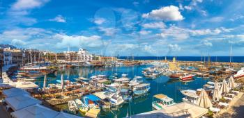 Panoramic aerial view of historic harbour in Kyrenia (Girne), North Cyprus in a beautiful summer day